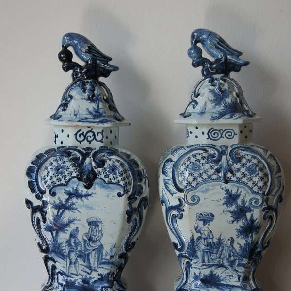 Pair Antique Delft Ginger Jars hand painted