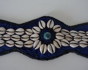 Hand Crafted,  Cowrie Shell, Black Beaded Tie Belt, Vintage 43.50\