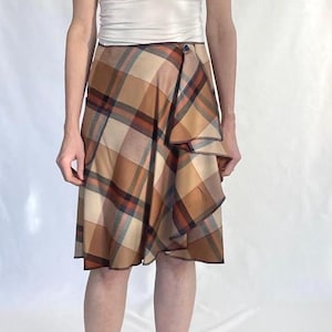 Plaid Wool Wrap Skirt | Tan/Navy Worsted Patch Plaid | Classic American Wool | Fall Winter Midi