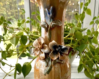 Vintage Beige and Cream Vase with Blue and White Flowers