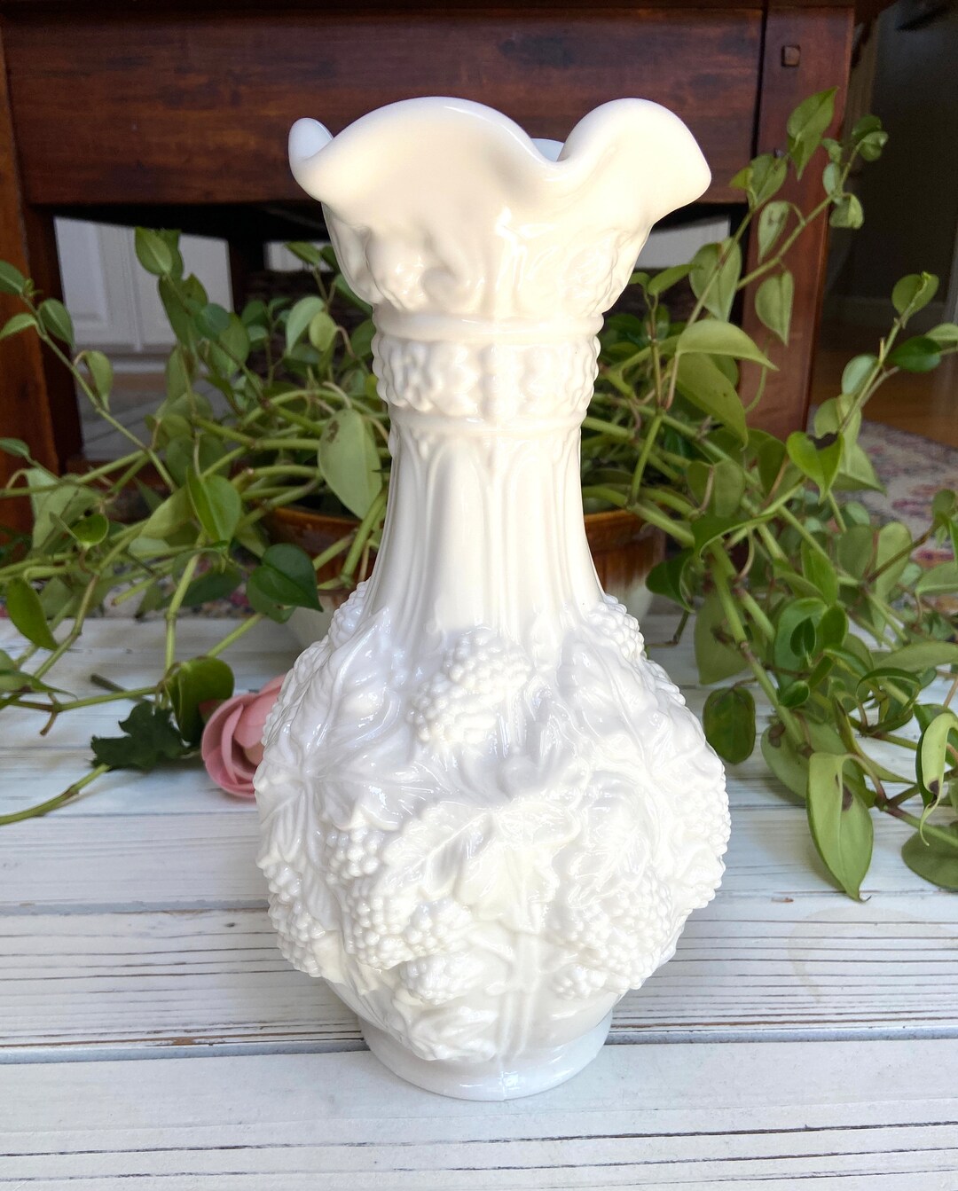 Vintage Milk Glass Tall Vase Etsy