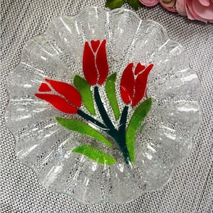 Vintage 1988 Peggy Karr Glass Bowl with Red Tulips, signed