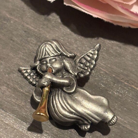 Vintage Pewter Angel with gold horn Brooch, signed