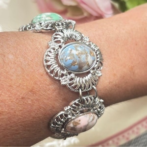 Vintage Silver Link Bracelet with marbled pastel stones, Sarah Coventry