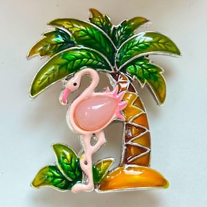 Vintage Pink Flamingo and Palm Tree Enamel Brooch