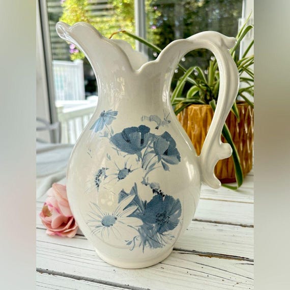 Vintage 1960s Royal Haeger USA Pottery White Pitcher With Blue