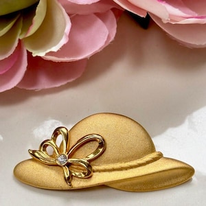 Vintage Gold Tone Large Hat Brooch with Bow and Rhinestone, Tona Marked