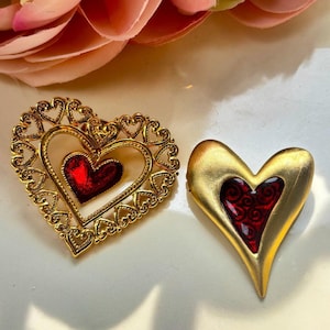 Vintage Gold and Red Heart Brooch Pin Set