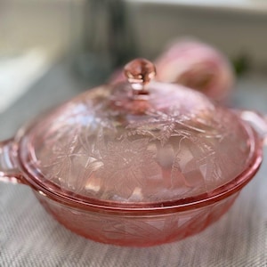Vintage Pink Poinsettia Glass Serving Bowl w/ Lid & Handles