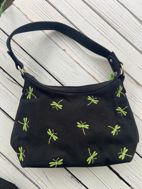Vintage Talbots Black Bag with Green Dragonflies