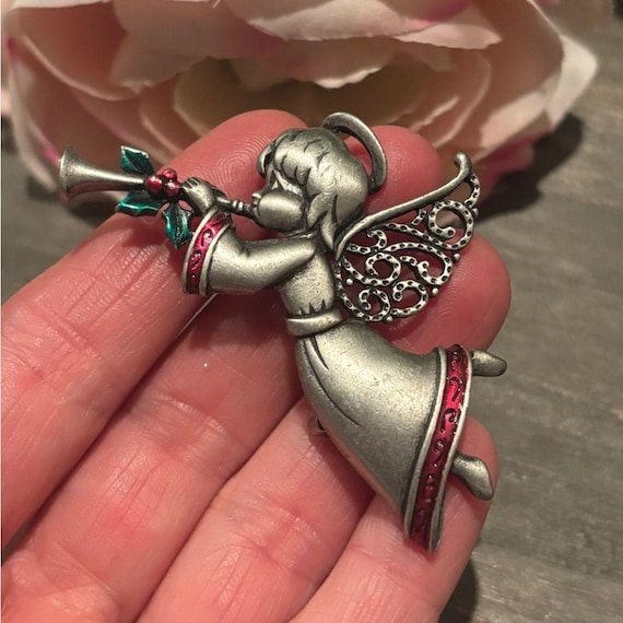 Vintage JJ Jonette Pewter Angel with Christmas Horn