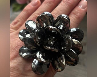 Vintage Oversized Black Flower Statement Stretch Ring