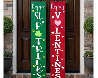 Reversible St Patricks Day & Valentines Day Porch Sign | 9x48 or 9x60 Vertical Welcome Sign | St Patty Clover Decor | Valentine Door Leaner