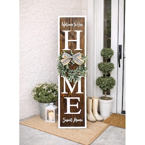 Welcome Home Porch Sign | Vertical HOME Sign with Wreath | Rustic Farmhouse Porch Decor | Front Door Wood Sign | Entryway Decor image 1