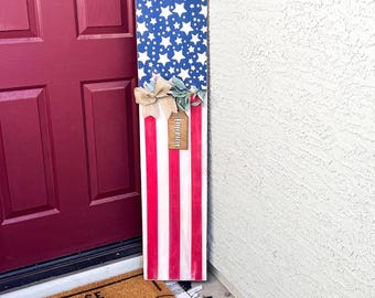 Patriotic Porch Sign 4FT Wooden American Flag Decor, Rustic 4th of July Porch Leaner, Memorial Day Entryway Sign, Americana Front Porch Deco