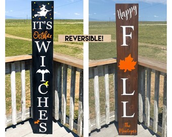 Reversible It's October Witches/Happy Fall outdoor front door/porch wooden sign. Large Halloween fall decor wooden sign for your front door