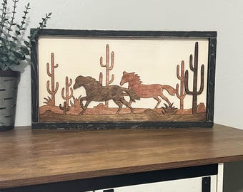 Western Running Horses Wall Decor | Rustic 3D Horse Art | Ranch House Gift for Horse Lovers | Framed Desert Scene