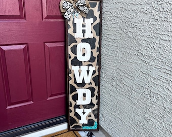 Cow Print Framed Sign, Farmhouse Wall Decor, Rustic Western Home Decor, Vertical Howdy Sign, Country Entryway Decor, Cowboy Entryway Sign