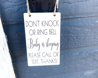 Don't knock or ring bell. Baby is sleeping. Please call or text. Thanks! Small engraved baby sleeping sign. Baby shower gift for new moms