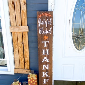 Thanksgiving Front Door Sign / Grateful, Blessed & Thankful Wooden Sign / Fall Wood Sign / Tall Blessed Porch Sign / Autumn  Outdoor sign