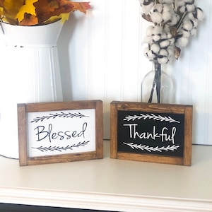 Framed wooden Thankful/Blessed fall decor tabletop/counter sign. Cute small wood fall/autumn home decor signs. Thanksgiving framed signs
