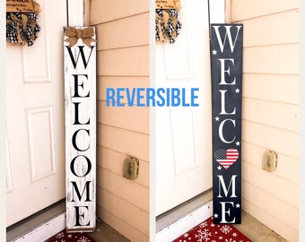 Reversible Welcome Rustic Porch Sign: White/Navy Blue, Patriotic American Flag, 4th of July Door Tall Door Leaner, Double Sided Door Sign