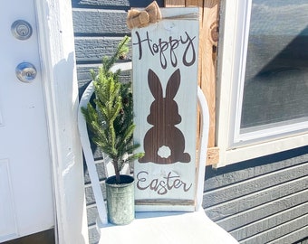 Adorable Hoppy Easter Wooden Sign Decor / Cute Easter Sign with Twine and Burlap / Rustic Easter Door Sign / Easter Bunny Distressed Sign
