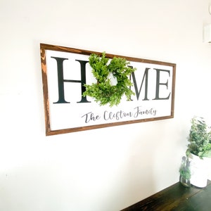 May include: A rectangular wooden sign with the word "HOME" in large black letters, a small green wreath, and the family name "The Clifton Family" in script. The sign is mounted on a white wall.