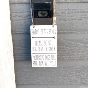 Baby sleeping do not ring bell or knock door sign / Ring doorbell sign / Protective dogs will bark, mom will yell! / Small hanging wood sign
