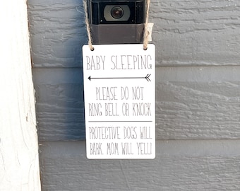 Baby sleeping do not ring bell or knock door sign / Ring doorbell sign / Protective dogs will bark, mom will yell! / Small hanging wood sign