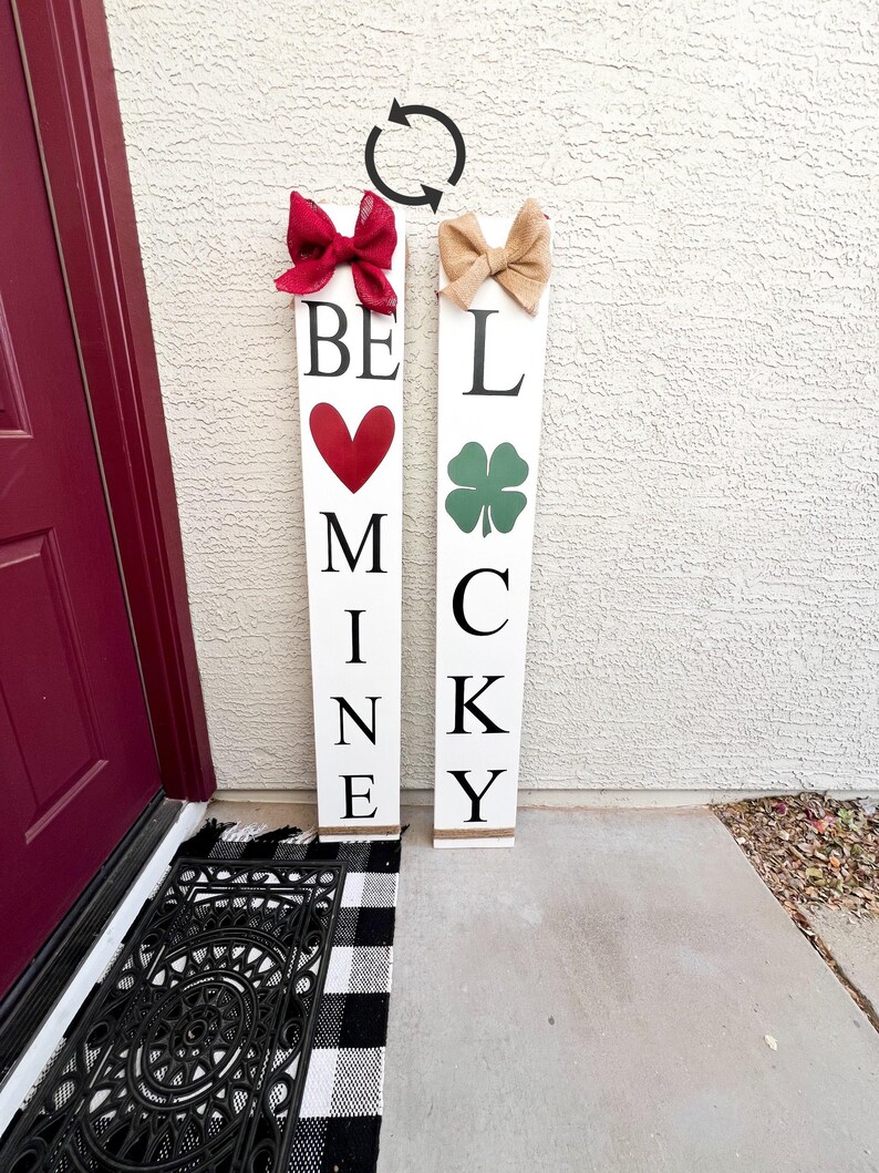 Reversible Valentine’s Day, St Patrick’s Day Porch Sign | Lucky Be Mine or Lucky Love | Wood Front Door Sign | Rustic Holiday Decor image 2
