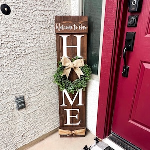 Personalized Home Porch Leaner Sign 4ft 5ft | Farmhouse Welcome Front Door Decor | Rustic Vertical Wood Sign | Interchangeable Wreath