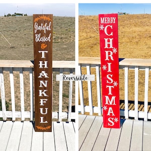 Reversible Merry Christmas / Thanksgiving Front Porch Sign / Tall Front Door /  Entryway Double Sided Red Christmas / Brown Thankful sign