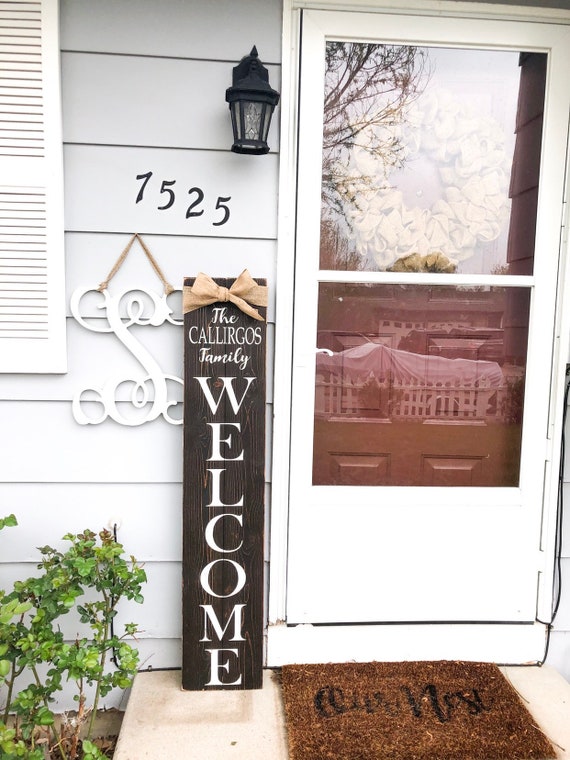 Welcome Farmhouse Wood Sign Front Door Sign with Family Name and Burlap Ribbon Rustic Front Porch Door Sign Front Porch Sign Wooden Signs