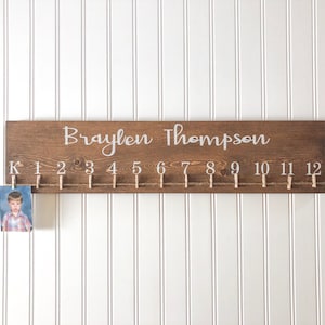 School picture holder sign / Kindergarten through 12th grade / Personalized school picture sign / K-12 wooden pic sign with twine and clips