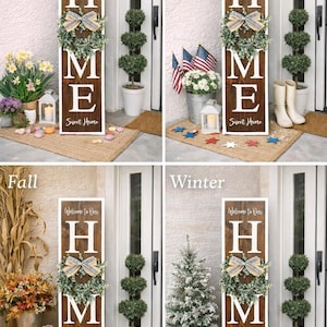 Welcome Home Porch Sign | Vertical HOME Sign with Wreath | Rustic Farmhouse Porch Decor | Front Door Wood Sign | Entryway Decor image 2