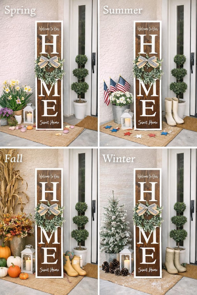 Welcome Home Porch Sign | Vertical HOME Sign with Wreath | Rustic Farmhouse Porch Decor | Front Door Wood Sign | Entryway Decor image 2