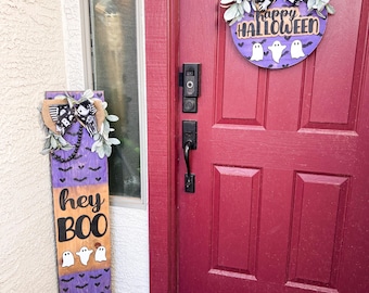 Ensemble de décorations d'Halloween pour porche : panneau réversible « Hey Boo » (9 x 48 po), deux décorations de porte d'Halloween (14 po), prêt à être expédié.