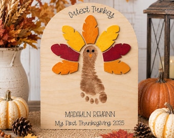 Personalized First Thanksgiving Footprint Sign | My First Thanksgiving Keepsake | Baby Turkey Footprint Plaque | Custom Baby Gift | Nursery