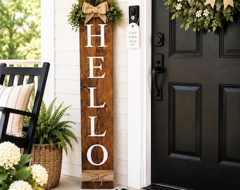 Hello Porch Sign | Farmhouse Welcome Sign | Vertical Wooden Porch Leaner | Rustic Front Door Decor | Housewarming Gift | Entryway Decor