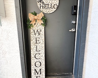 Leopard Print Welcome Sign Set: Hand-Painted Wood Porch Leaner & Door Hanger