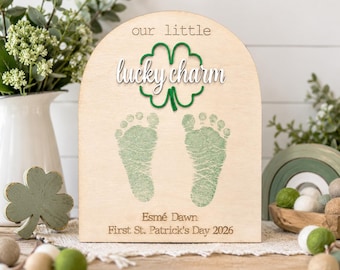 Personalized First St. Patrick’s Day Footprint Sign | Our Little Lucky Charm | Baby Footprint Keepsake | Custom Baby Gift | 1st Newborn