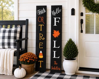 Double Sided Fall & Halloween Porch Sign | Reversible Hello Fall Trick or Treat Porch Leaner | Personalized Autumn Front Porch Decor