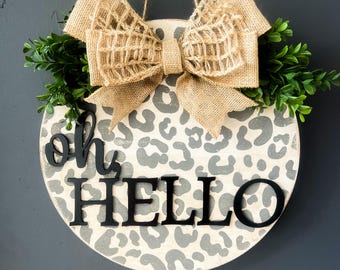 Leopard Print Round Door Sign: 3D Lettering, Burlap Bow
