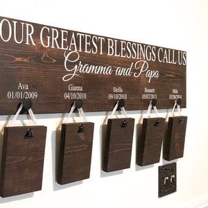 Personalized grandparent sign / Our greatest blessings wooden sign / Custom 5 grandkid name sign / Picture hanging sign for Grandparents