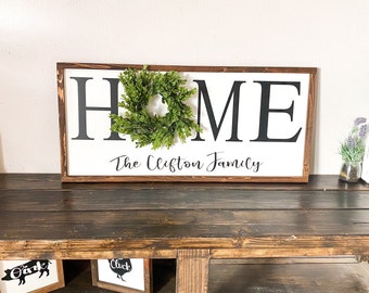 Personalized framed home sign with wreath / Rustic farmhouse wall decor / Last name frame sign / Housewarming gift / Custom home with name