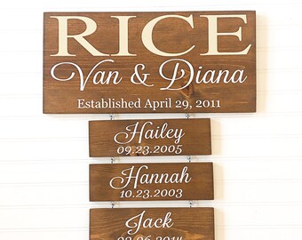 Family name established sign / Last name sign with children names and birthdates / Custom name wooden sign / Sign with name plaques
