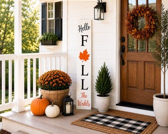 White Hello Fall Porch Sign | Custom Family Name Porch Leaner | Rustic Farmhouse Autumn Decor | Front Porch Welcome Sign