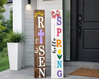 Reversible Easter & Spring Porch Sign | He Is Risen Cross Sign / Hello Spring Tulip Porch Leaner | Farmhouse Front Door Decor | 4ft or 5ft
