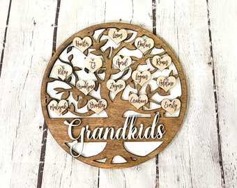 Plaque nominative d'arbre généalogique de petits-enfants • Arbre de petits-enfants avec des coeurs gravés • Cadeau pour la fête des mères • Cadeau mamie, mimi, grand-mère, papa, grand-père